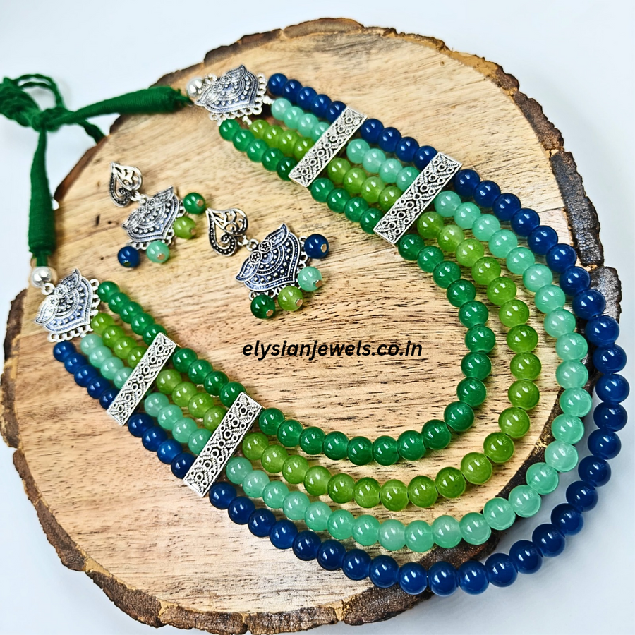 Blue Green Beads With Green Back Rope Oxidized Necklace