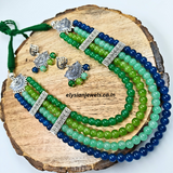 Blue Green Beads With Green Back Rope Oxidized Necklace