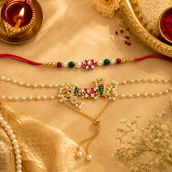 Red Thread, Pearl, Red And White Beads With Red Lotus Kundan & Green Elephant Kundan Bhaiya Bhabhi Rakhi