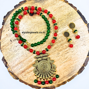 Green, Red Beads With Antique Pendant Necklace