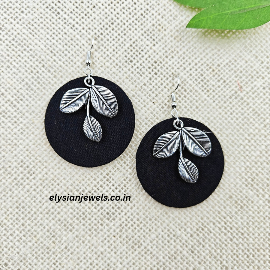Leaf Shape Silver Charm With Fabric Earring