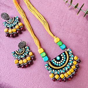Sky Blue, Yellow And Green Wooden Beads, Yellow Cotton Dori With Half Circle Mandala Art Pendant Necklace