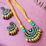 Sky Blue, Yellow And Green Wooden Beads, Yellow Cotton Dori With Half Circle Mandala Art Pendant Necklace