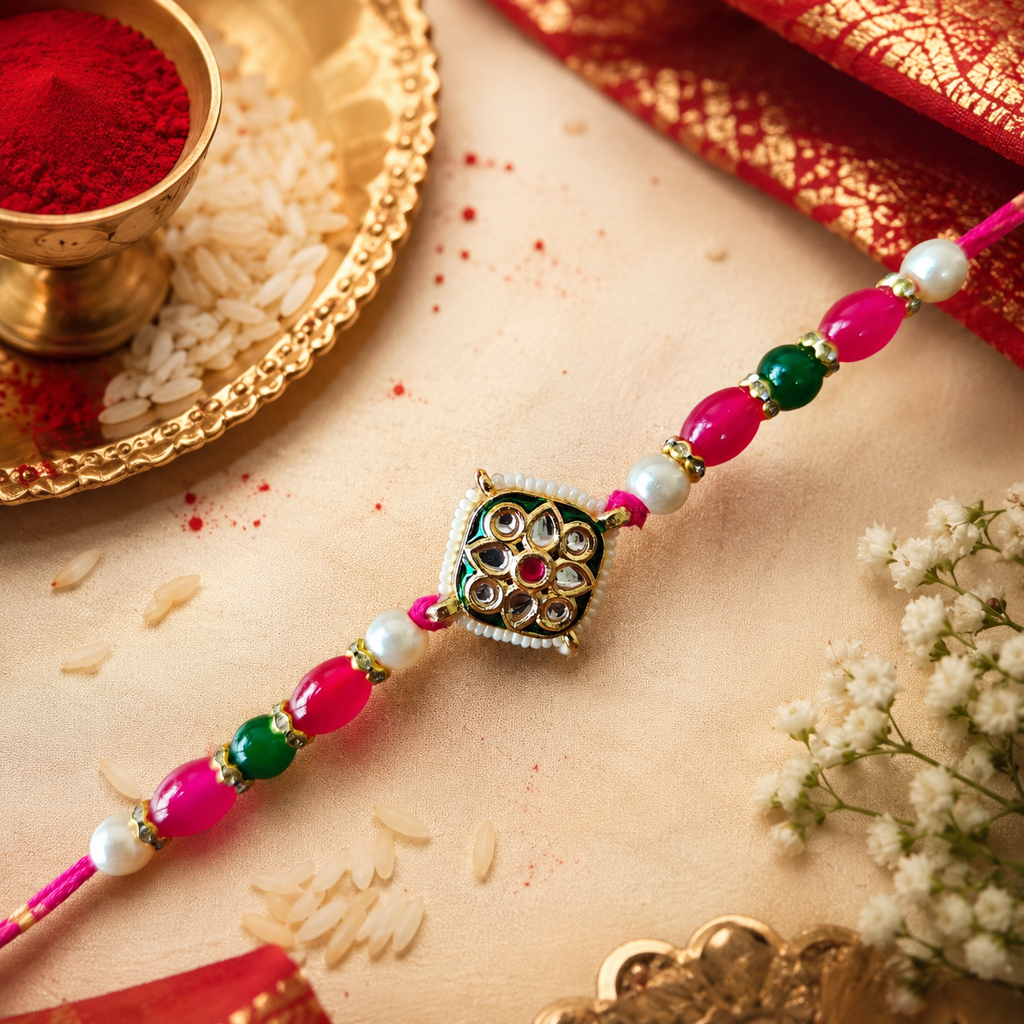 Rani Pink Thread, Pearl, Green And Rani Pink Beads With Square Meenakari Kundan Rakhi