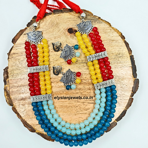 Blue, Sky Blue, Red, Yellow Beads With Red Back Rope Oxidized Necklace
