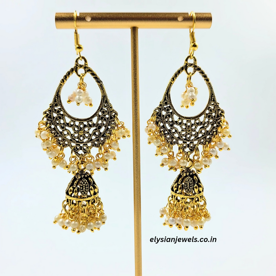 Off White Beads Oval Antique Jhumka Earring