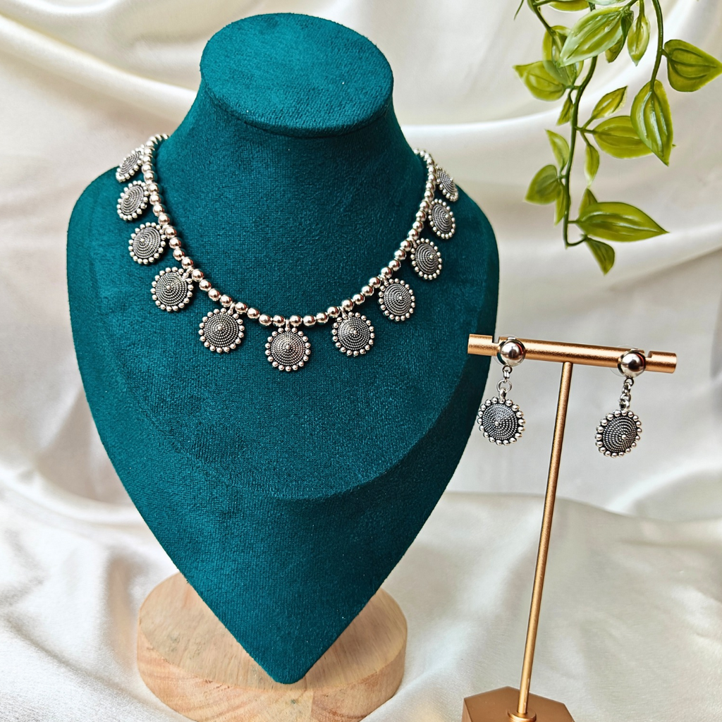 Silver Beads With 11 Silver Flower Charms Oxidized Necklace