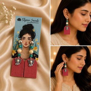 Elephant Charm, Wooden Beads With Dusty Pink Fabric Earring